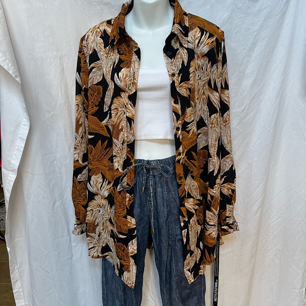 Black Palm Leaf Print Beach Shirt